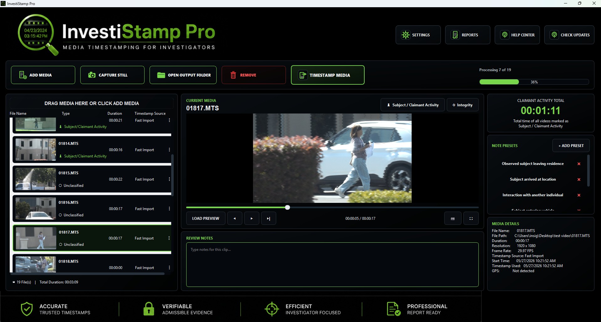 InvestiStamp Pro help center screen