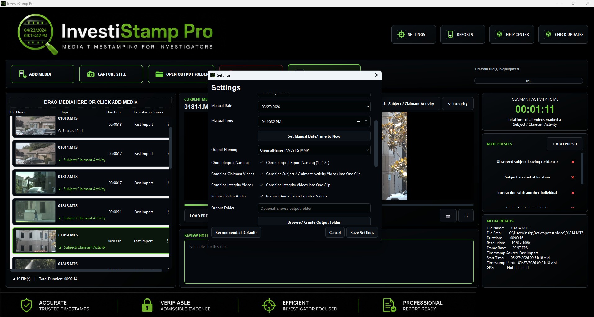 InvestiStamp Pro settings screen